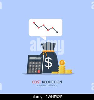 Réduction des coûts, réduction des coûts, optimisation des coûts concept métier. Sac d'argent, calculatrice et pièces de monnaie avec courbe descendante ou flèche. illustration vectorielle Illustration de Vecteur