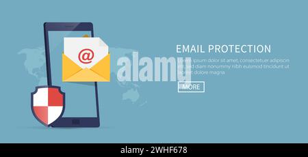 Concept de protection des e-mails. Téléphone portable plat avec illustration vectorielle de bouclier de sécurité Illustration de Vecteur
