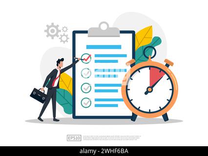 Homme d'affaires remplir la liste de contrôle avec l'illustration de symbole d'horloge. Illustration de Vecteur