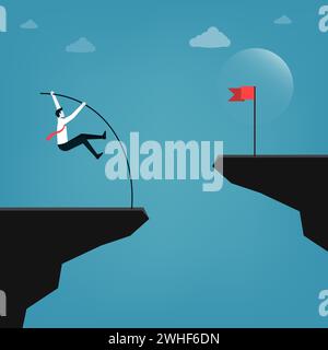 Saut de pôle à travers la falaise pour atteindre la cible, défi d'affaires, surmonter l'obstacle, cher de prendre le risque pour le concept de succès Illustration de Vecteur