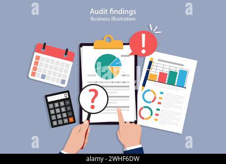 Concept des constatations d'audit, l'auditeur obtient des constatations lors de l'audit de documents financiers Illustration de Vecteur