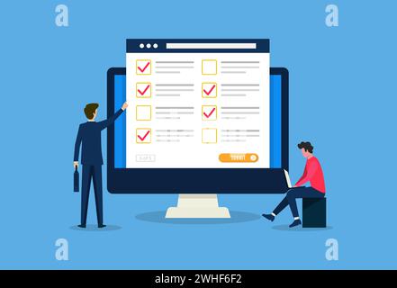 Conception de concept d'enquête en ligne pour le web ou l'application. Les hommes d'affaires remplissent le vecteur plat d'ordinateur de formulaire en ligne Illustration de Vecteur