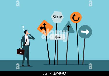 Prise de décision d'affaires, cheminement de carrière, choisir la bonne façon de concept de succès, homme d'affaires confondant regardant à plusieurs panneaux routiers avec point d'interrogation Illustration de Vecteur