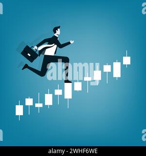 Illustration vectorielle d'affaires de concept. Courir pour le succès financier. Homme d'affaires courant vers le haut sur un symbole de graphique d'affaires Illustration de Vecteur