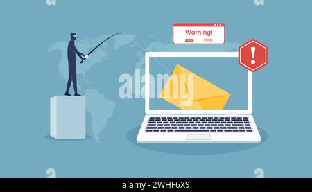 Le pirate casse le courrier électronique sur le concept d'écran d'ordinateur portable. illustration vectorielle d'attaques de phishing et de cybercriminalité Illustration de Vecteur