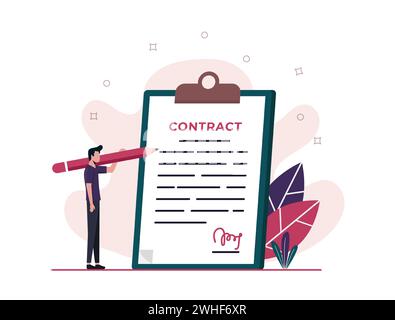 Homme signant contrat avec grand stylo. Concept de transaction et d'accord. Illustration vectorielle moderne. Illustration de Vecteur