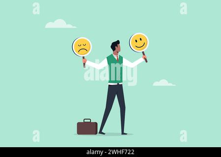 Santé mentale et état émotionnel. Visage souriant et visage triste. Homme d'affaires tenant le sourire et le signe de visage triste Illustration de Vecteur