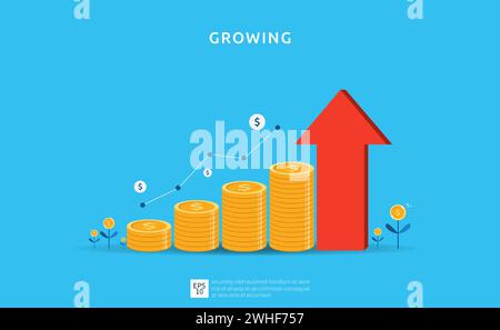 Illustration de croissance d'entreprise pour le concept d'investissement intelligent. Performance de profit ou revenu avec symbole de pièces de pile et flèche. Retour sur investissement retour sur investissement Illustration de Vecteur