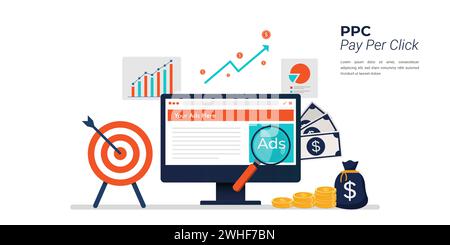 Payer par clic, marketing de recherche, publicité payée, illustration de bannière vectorielle plate d'annonces en ligne. Illustration de Vecteur
