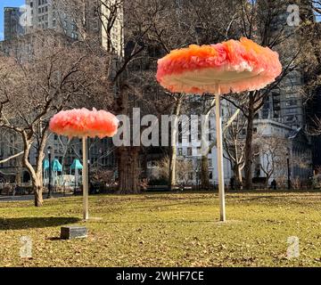 New York, New York, États-Unis. 9 février 2024. Une vue de l'exposition d'art publique de l'artiste Ana Maria Hernando ''˜to Let the Sky Know/ Dejar que el cielo sepa' tenue au Madison Square Park à Nomad. Ana Maria Hernando utilise le tulle, un filet de tissu, pour créer des sculptures inspirées de formes naturelles et transformées par le processus de couture. (Crédit image : © Nancy Kaszerman/ZUMA Press Wire) USAGE ÉDITORIAL SEULEMENT! Non destiné à UN USAGE commercial ! Crédit : ZUMA Press, Inc/Alamy Live News Banque D'Images