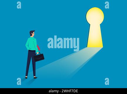 Homme d'affaires debout devant le trou de la serrure. L'homme regarde les opportunités ouvertes. Rêve, succès et concept d'opportunités Illustration de Vecteur