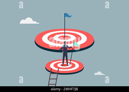 Homme d'affaires de succès grimper à l'échelle atteignant l'objectif et à la recherche de la prochaine étape plus grande, défi la réalisation à la cible plus élevée, la voie à suivre ou le prochain le Illustration de Vecteur