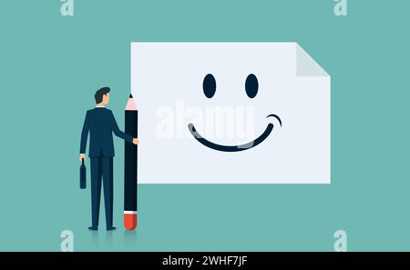 Homme d'affaires dessinant un visage heureux sur du papier blanc sur le mur, illustration vectorielle de métaphore Illustration de Vecteur