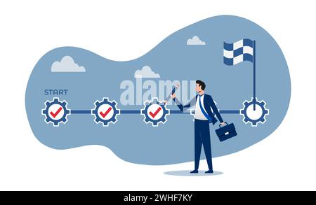 Suivi du projet, achèvement des tâches ou liste de contrôle pour rappeler l'avancement du projet, chef de projet homme d'affaires tenant un crayon pour vérifier les tâches terminées dans proj Illustration de Vecteur