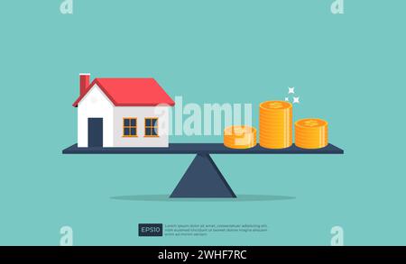 Equilibre maison et pièce de monnaie sur bascule. Investissement hypothécaire d'affaires immobilières et concept de prêt financier. illustration vectorielle de propriété immobilière Illustration de Vecteur