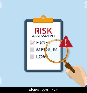 Évaluation des risques ou analyse d'identification avec loupe manuelle et point d'exclamation Illustration de Vecteur