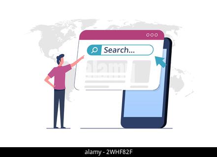 Concept de réseau d'information de recherche, page de recherche Internet virtuelle sur l'écran de smartphone, moteur de recherche Web et outil de recherche par mot-clé SEO Illustration de Vecteur