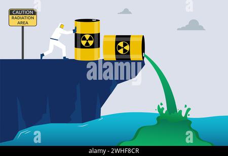 Les travailleurs déversent des déchets radioactifs dans la mer, pollution dangereuse des eaux usées, préoccupation mondiale pour la santé humaine et environnementale, contami matériel nocif Illustration de Vecteur