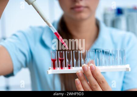 Scientifique pipettant dans des cuvettes Banque D'Images