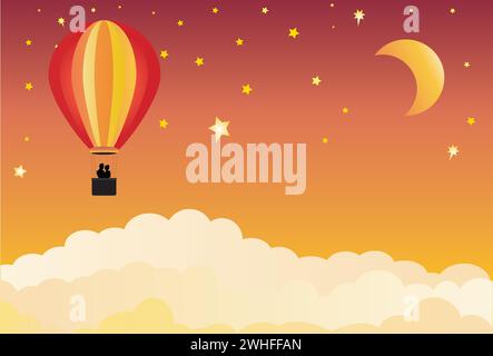 Silhouette de couple heureux dans une montgolfière au-dessus des nuages au coucher du soleil Illustration de Vecteur