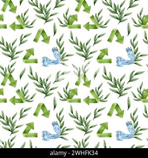 Illustration aquarelle d'un motif d'un signe vert de recyclage des ordures avec une bouteille en plastique et des pousses d'herbe. Isolé sur fond blanc. Réutiliser Banque D'Images
