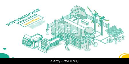 Contour isométrique petit entrepôt ECO. Énergie propre. Panneaux solaires et éoliennes. Partie intégrante de la chaîne d'approvisionnement. Installations de stockage en entrepôt. Illustration de Vecteur