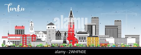 Ville de Turku Finlande skyline avec des bâtiments de couleur et ciel bleu. Illustration vectorielle. Paysage urbain de Turku avec des monuments. Illustration de Vecteur