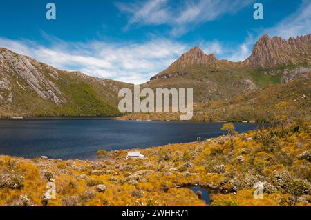 Cradle Mountain surplombe le lac Dove, Tasmanie, Australie Banque D'Images