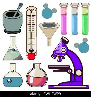 un ensemble d'illustration biologiste chimiste sur un fond blanc dessiné à la main gros plan Banque D'Images