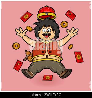 Personnage mascotte des Chinois avec Fly pose pour le nouvel an. Illustrations vectorielles. Illustration de Vecteur