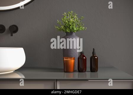 Salle de bain chic avec distributeurs de savon, serviettes, plante, miroir encadré noir Banque D'Images