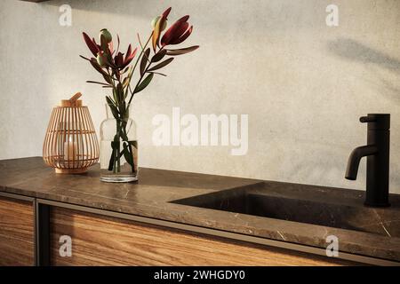 Salle de bain minimaliste avec lavabo en marbre avec robinet noir et miroir, fleur. Ce comptoir prêt à la maquette peut servir de présentoir pour BA Banque D'Images