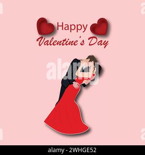 Conception de carte de voeux de bonne Saint Valentin, couple célébrant la Saint Valentin, conception de carte élégante, portrait de couple, couple dansant, concept d'amour. Illustration de Vecteur