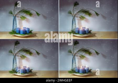 Quatre images avec des bougies bleues, allumées pour la première à la quatrième avènement, vase avec des branches de pin, bokeh neigeux sur le b gris violet Banque D'Images