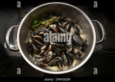 Moules dans une casserole avec des oignons et des herbes sur un sove noir, la cuisson d'un délicieux plat de fruits de mer, vue en angle élevé d'en haut Banque D'Images