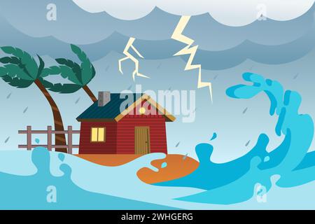 Paysage de tempête de paysage marin de tsunami. Grosses vagues et une maison sur la plage. Illustration vectorielle. Illustration de Vecteur