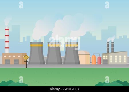 Centrale nucléaire avec ville en arrière-plan. Installation de production d'énergie. Illustration vectorielle. Illustration de Vecteur