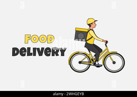 Homme de courrier alimentaire chevauchant un vélo avec boîte à colis sur le dos. Livreur de nourriture. Illustration vectorielle. Illustration de Vecteur