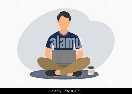 Un jeune homme assis par terre et travaillant sur un ordinateur portable. Illustration vectorielle. Illustration de Vecteur