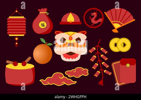 Collection d'autocollants du nouvel an chinois. Illustration vectorielle. Illustration de Vecteur
