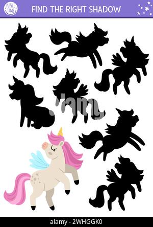 Unicorn ombre activité assortie avec cheval mignon avec corne, crinière rose, ailes. Puzzle du monde magique avec caractère mignon. Trouvez la silhouette correcte printabl Illustration de Vecteur