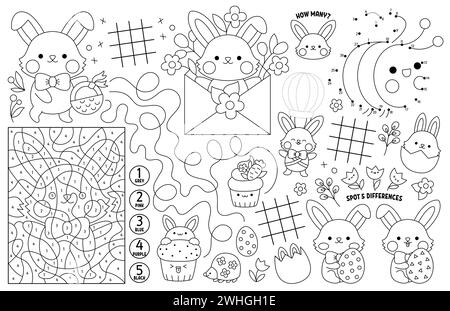 Napperon de Pâques Vector kawaii pour les enfants. Tapis d'activité imprimable des vacances de printemps avec labyrinthe, tableaux TIC tac toe, reliez les points, trouvez la différence. Noir Illustration de Vecteur