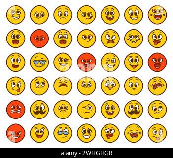 Ensemble d'émoticônes montrant différentes émotions dans un style de dessin animé isolé sur fond blanc. Art clip visages drôles Banque D'Images
