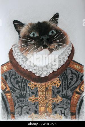 Portrait d'un chat dans le costume d'un aristocrate - chat birman comme un noble baron - dessin en couleur (avec des crayons) fait à la main Banque D'Images