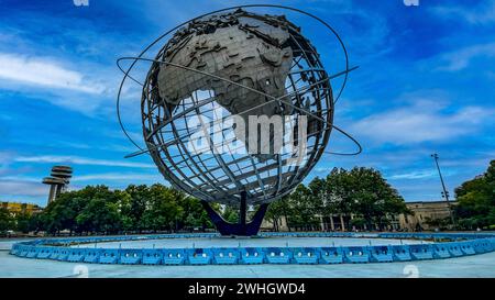 New York, États-Unis ; 4 janvier 2024 : esplanade Unisphere du célèbre Flushing Meadows-Corona Park dans l'arrondissement de Queens. Banque D'Images