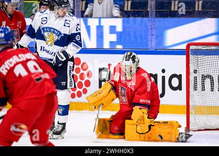 Karlstad, Suède. 10 février 2024. Karlstad 20240210Le gardien de but de la République tchèque Jakub Malek lors du match de hockey sur glace de samedi dans les Jeux de hockey Beijer (Euro Hockey Tour) entre la Finlande et la République tchèque à Löfbergs Arena. Photo : Pontus Lundahl/TT/Code 10050 crédit : TT News Agency/Alamy Live News Banque D'Images