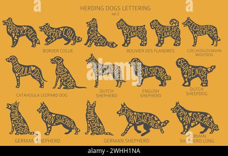 Chien élève des silhouettes avec lettrage, clipart de style simple. Chiens de troupeau, chien de berger, collection de bergers. Illustration vectorielle Illustration de Vecteur