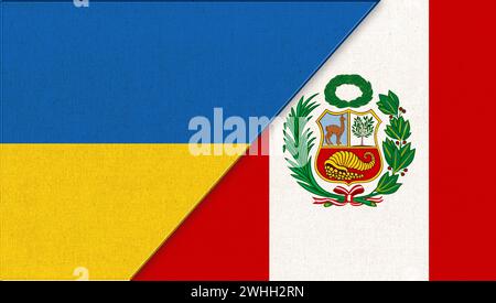 Drapeaux de l'Ukraine et du Pérou - illustration 3D. Deux drapeaux ensemble. Symboles nationaux de l'Ukraine et du PER Banque D'Images
