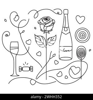 Croquis de Saint-Valentin de style linéaire avec des verres à champagne, des roses, des coeurs et des motifs de bonbons, célébrant l'amour dans un design minimaliste Illustration de Vecteur