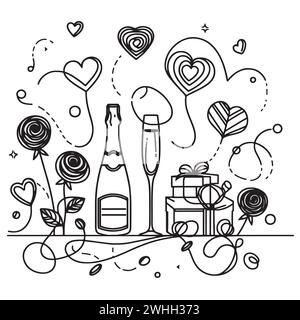 Carte postale de Saint-Valentin de style linéaire avec verres à champagne, roses, coeurs, cadeaux et motifs de bonbons, célébrant l'amour dans un design minimaliste Illustration de Vecteur